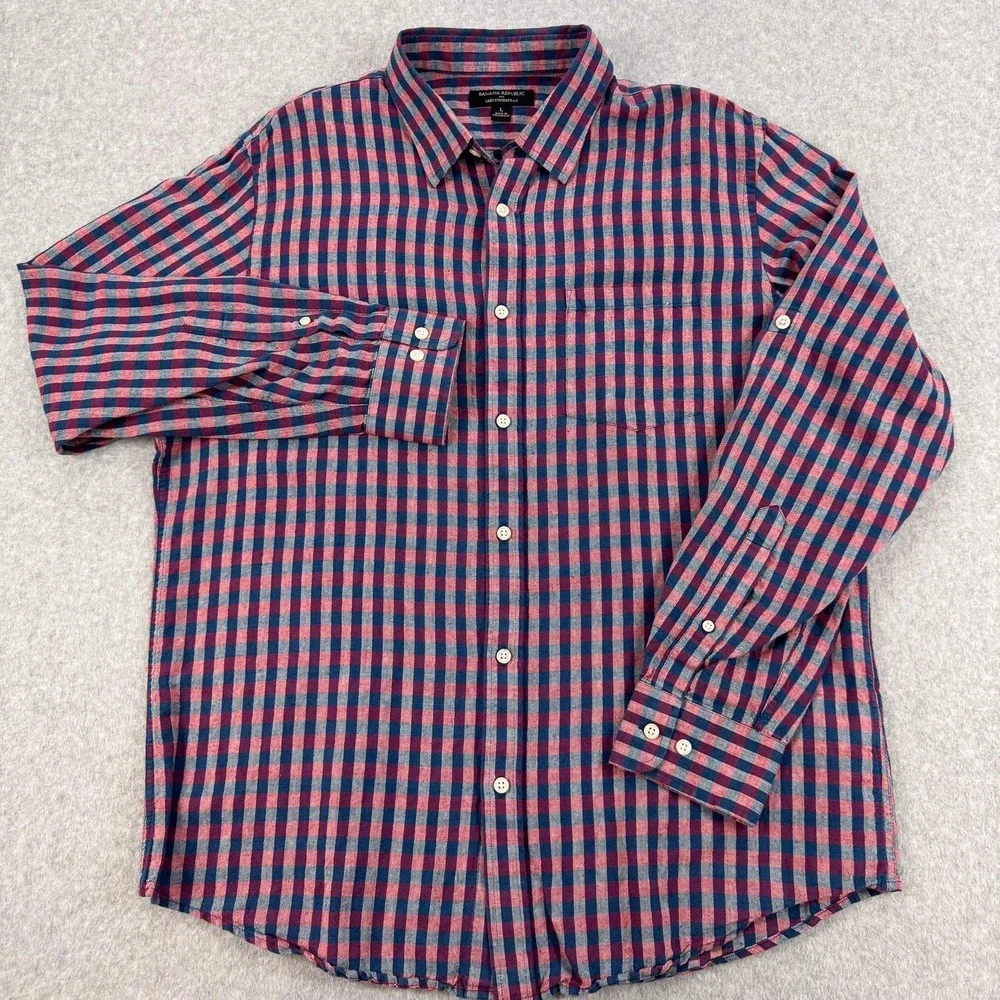 Banana Republic Linen Shirt Mens Large Blue Red Check Standard Fit Button Down